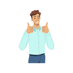 Cheerful male character in formal suit showing thumbs up, isolated successful businessman gesturing. Caucasian adult approving or advising, satisfied client or customer. Vector in flat cartoon style