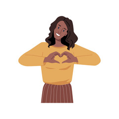 Aufkleber - Gesturing female character showing heart shape with hands, isolated young girl. Lovely young woman expressing love and devotion, deep feelings. Posing smiling lady. Vector in flat cartoon style