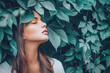 © Subbotina Anna - Beautiful fashion model girl enjoying nature, breathing fresh air in summer garden over Green leaves background. Harmony concept. Healthy beauty woman outdoor portrait