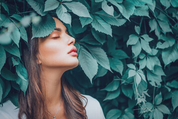 beautiful fashion model girl enjoying nature, breathing fresh air in summer garden over green leaves