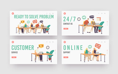Wall Mural - call center hotline, technical support landing page template set. customer service operator and clie