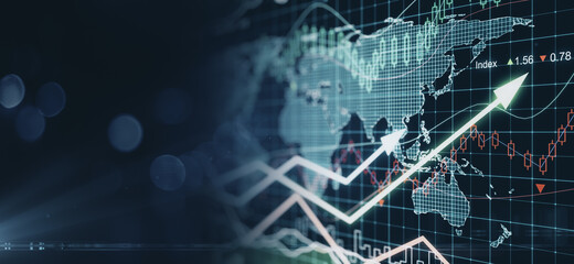 Global stock market concept with digital world map, glowing rising arrows and candlestick on abstract dark technological background with copyspace. 3D rendering, mockup