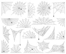 Halloween Spider Web. Spooky Spider Cobweb, Spider Insects Torn Web Silhouette Vector Illustration Set. Spider Web Scary Halloween Decor