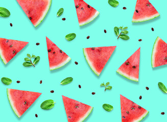 Wall Mural - Watermelon slices with fresh mint leaves pattern.