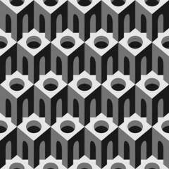 Poster - Seamless pattern with architectural elements. Grayscale geometric background, suitable for wallpaper, wrapping paper, fabric. Repeating vector texture with cubic 3D elements with rounded slits