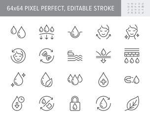 Cosmetic properties line icons. Vector illustration include icon - cream, body lotion, lifting, moisture, anti wrinkle outline pictogram for skincare product. 64x64 Pixel Perfect, Editable Stroke