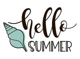 Wall Mural - Hello Summer Lettering with sea shell,. Vector Illustration