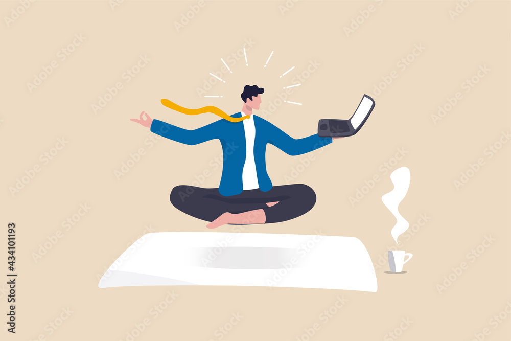 Business guru or expertise, professional advisor or consultant, smart thinking to solve problem concept, genius businessman sitting meditate working with computer laptop floating in the air. - obrazy, fototapety, plakaty 