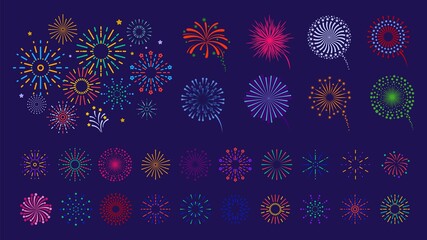 Sticker - Firework collection. Color fireworks, festive fires. Bright colorful line sunburst. Christmas, independence day, national festival or party pyrotechnics firecrackers vector set