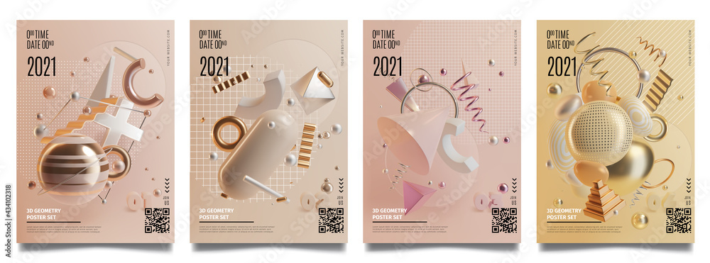 Concept Banner Cards with Realistic 3d Detailed Abstract Geometry Elements. Vector - obrazy, fototapety, plakaty 