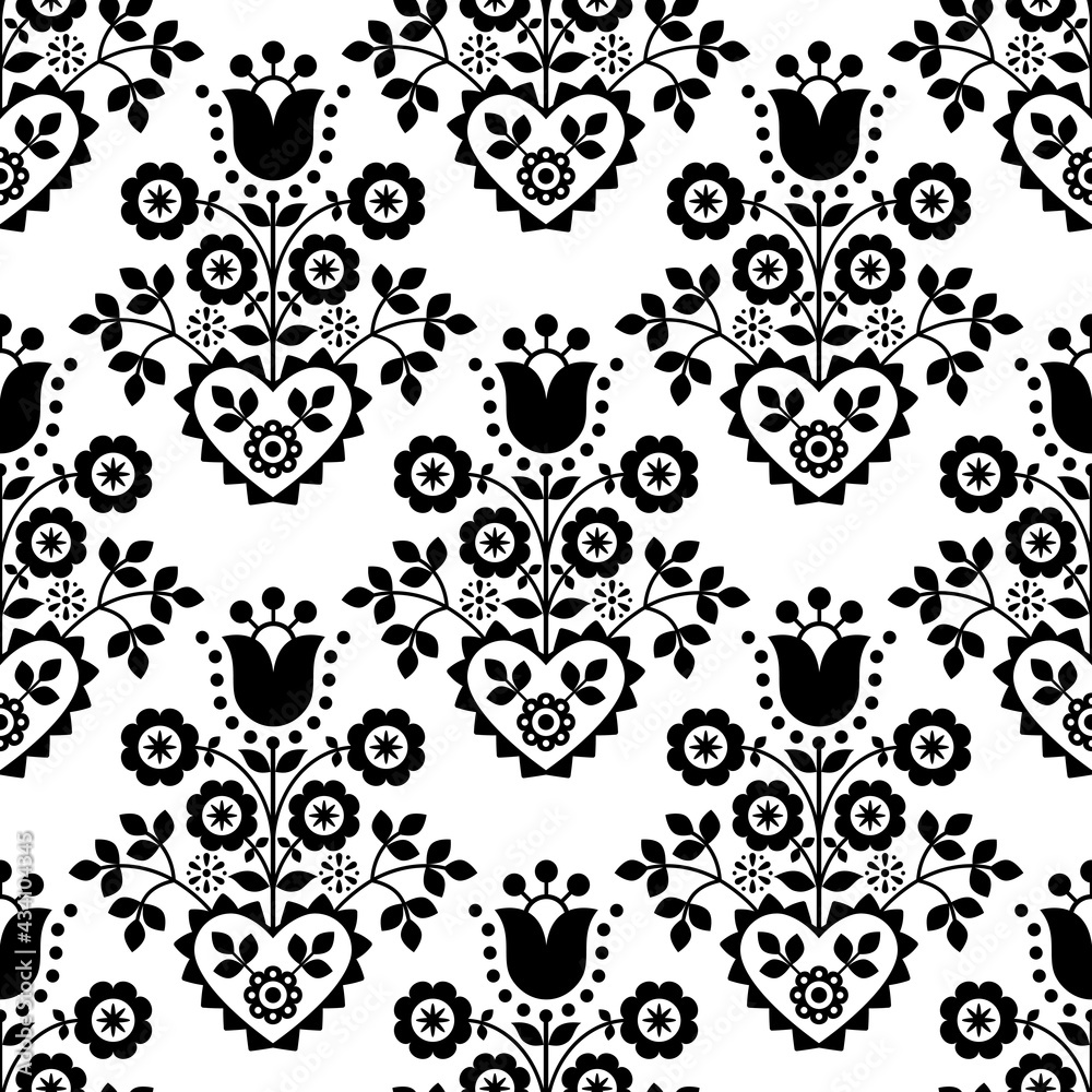 Retro floral vector seamless pattern perfect for textile or fabric print, black and white decor inspired by folk art from Nowy Sacz, Poland 
 - obrazy, fototapety, plakaty 