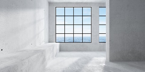 Abstract empty, modern concrete room with window with ocean view, sun light and rough floor - industrial interior background template