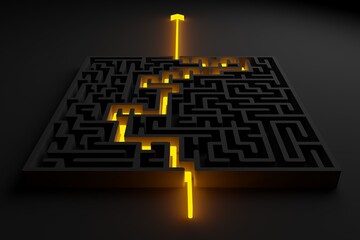 Wall Mural - yellow glowing path thru black maze or labyrinth over black background, success, strategy or solutio