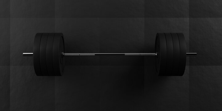 barbell with chrome handle and black plates in front on floor on black mats background, sport, fitne