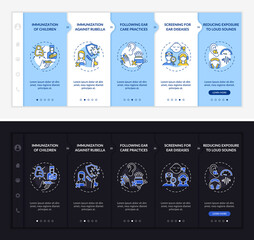 Hypoacusis prevention onboarding vector template. Responsive mobile website with icons. Web page walkthrough 5 step screens. Ear care practices night and day mode concept with linear illustrations