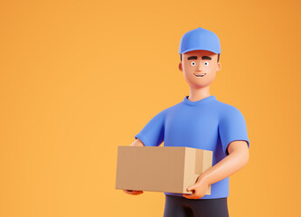 Wall Mural - Side view at happy cartoon courier man in blue t-shirt and cap holding cardboard box over yellow background with copy space.