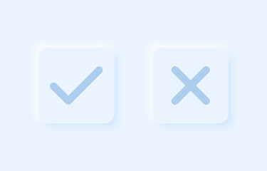 Poster - Tick and cross button for mobile app in modern neumorphic trend style. UI, UX set. Light mode. Buttons for vote, election choice. Graphic elements in skeuomorph design. Vector illustration