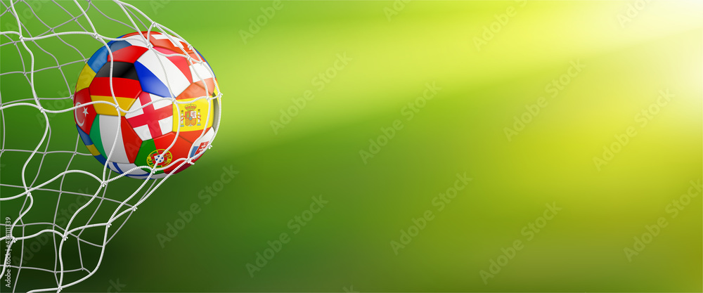green soccer background with ball in goal - obrazy, fototapety, plakaty 