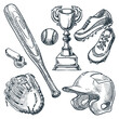 Baseball sports equipment. Vector hand drawn sketch illustration. Ball, glove, baseball bat, helmet icons