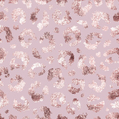 Poster - Glam seamless pattern. Skin leopard, jaguar, cheetah or panther. Rose gold effect foil for design. Pink beauty prints. Repeated glitter background. Elegant texture. Repeating delicate print. Vector