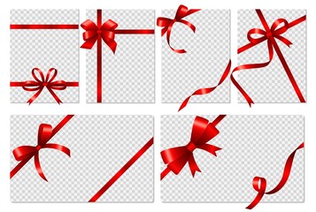 transparent cards. banners with realistic red bows and ribbon. isolated empty gift flyers or voucher