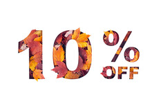 Paper Cut 10 Percent Off Text Filled With Texture Of Yellow And Red Autumn Fall Maple Leaves Isolated On White Background. Autumn Flyer, Banner Or Poster Design Template. Fall Shopping Concept.