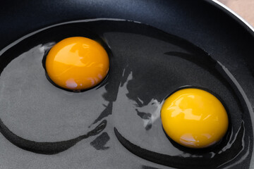 Two shiny bright round yolks in raw transparent whites, uncooked small fried eggs is a simple breakfast in a black skillet. Top view, close-up