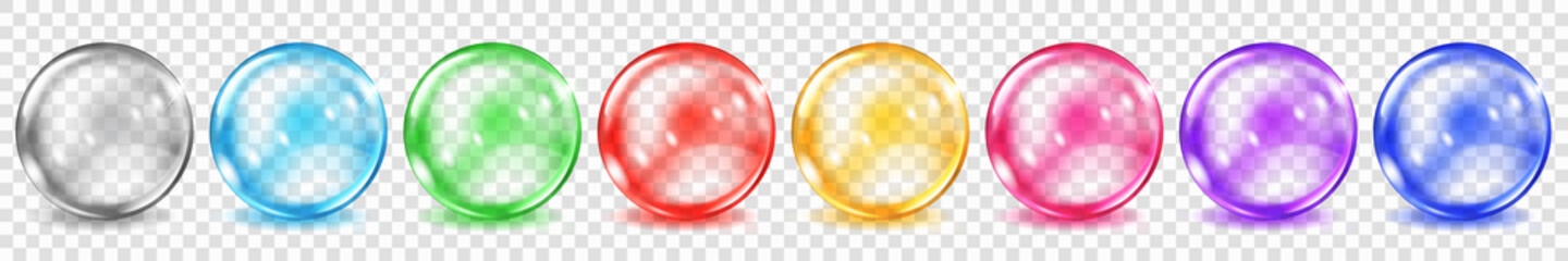 Poster - set of translucent colored spheres with glares and shadows on transparent background. transparency o