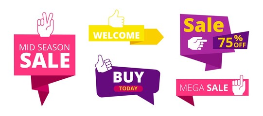 Poster - Sale banners. Welcome, discount stickers with like hand signs. Recommended symbols and sales labels vector set