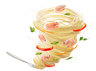 Wall Mural - Noodles with vegetables and shrimps twist and rotate. Fork with noodles, red peppers, carrots, onions and shrimps. Clipping path.