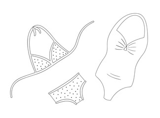 Two swimsuits:one-piece with pleats and two-piece with polka dots.Isolated contour black and white objects on a white background.