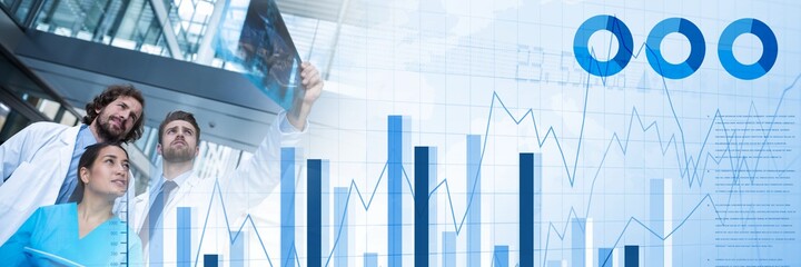 Poster - Doctors looking at x-ray radio in hospital with data and graphics concept background