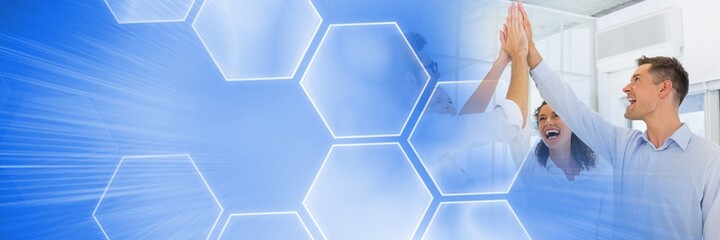 Poster - Composition of network of blue hexagons over business people high fiving