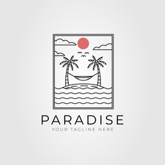 Wall Mural - summer paradise beach island line art logo vector illustration design