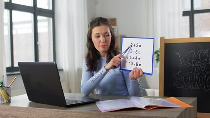 Wall Mural - distant education, primary school and teaching concept - female math teacher with laptop computer and mathematics having online class at home