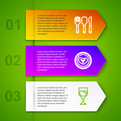 Sticker - Set line Fork, spoon and knife, Steak meat plate and Wine glass. Business infographic template. Vector