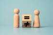 Flipping of unequal to equal sign between man and woman wooden figure. Human and business right concept.