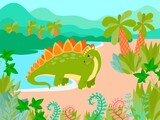 Fototapeta Dinusie - Set of cute dinosaurs on the background of nature in cartoon style. Bright childish drawing with animals. Vector illustration isolated on white background.