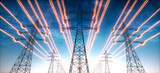 Fototapeta  - Electricity transmission towers with glowing wires against blue sky - Energy concept	