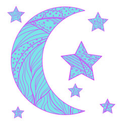 Wall Mural - Zentangle moon and star with abstract patterns on isolation background. Design for spiritual relaxation for adults. Outline for tattoo, printing on t-shirts, posters and other items. Design Zentangle