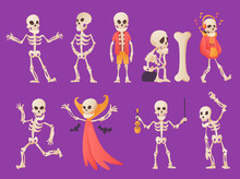 Funny Cartoon Skeleton. Bony Character. Human Bones Illustration Skeletal. Set Of Dead People Dancing, Standing, Listen Music On Color Background