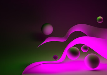 Poster - geometric abstraction. bending lines. balls in neon light. purple abstract background. 3d render.