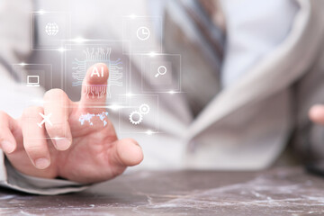 Poster - Businessman hand touching virtual screening big data and digital transformation technology strategy, digitalization of business processes and data, Digital transformation change management