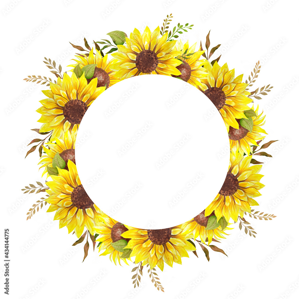 Floral Wreath with Sunflowers and Leaves. Watercolor sunflower wreath ...