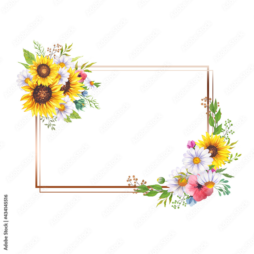 Floral Frames with Wildflowers and Leaves. Watercolor sunflower frame ...