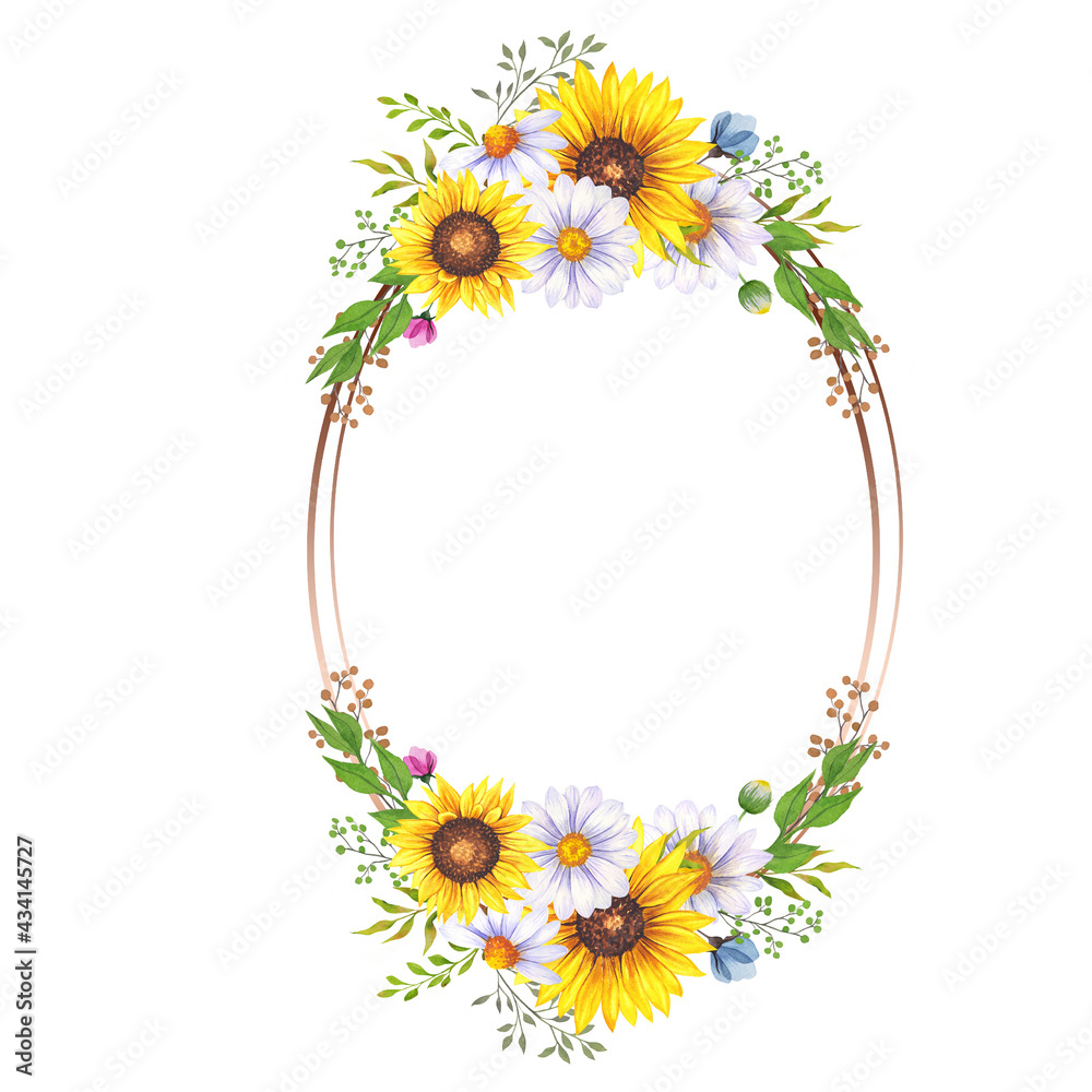 Floral Frames with Wildflowers and Leaves. Watercolor sunflower frame ...