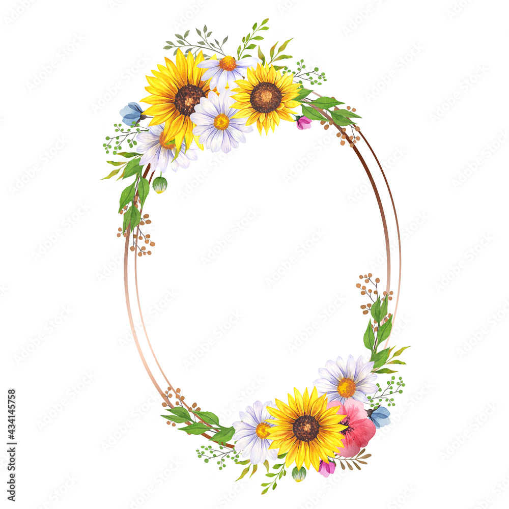 Floral Frames with Wildflowers and Leaves. Watercolor sunflower frame ...