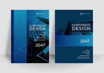 Dark modern blue borporate business presentation guide brochure template, Annual report, 16 page minimalist flat geometric business brochure design template, A4 size.