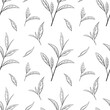 Hand drawn green tea leaf, tips, flush. Sketch Organic food and drink. Vector illustration, seamless pattern black elements on a white background