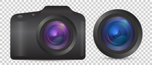 Vector Photo Camera With Lens. Realistic Colorful Analog Photo Camera Isolated On Transparent Background. 3d Photorealistic Icon Design Front View With Lens Flare Symbol. Vector Illustration EPS10